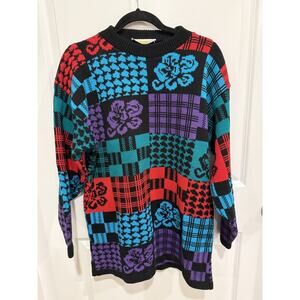 Vintage 80s Patchwork Sweater Womens M/L Colorful Relaxed Long Knit Pullover Top